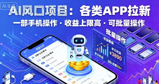 AI风口项目，各类APP拉新，一部手机就可以操作，收益上限高，可批量操作-网赚资源网