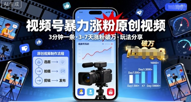 视频号暴力涨粉原创视频，3分钟一条原创视频，3-7天涨粉破万，玩法分享给你-网赚资源网