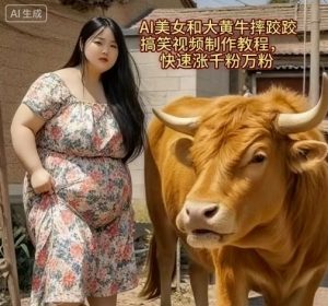 AI美女和大黄牛摔跤搞笑荒诞视频制作教程,快速涨千粉万粉-网赚资源网