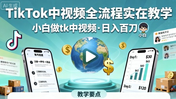 TikTok中视频全流程实操教学，小白做tk中视频，日入百刀 - 网赚资源网-网赚资源网