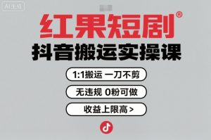 红果短剧拉新之抖音搬运实操课，1：1搬运，一刀不剪，无违规，0粉可做，收益上限高 - 网赚资源网-网赚资源网