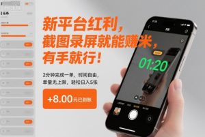 新平台红利,截图录屏就能賺米,有手就行!2分钟完成一单,时间自由,单量无上限,轻松日入5张【揭秘】-网赚资源网