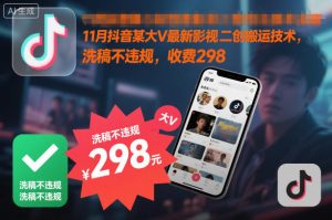 11月抖音某大V最新影视二创搬运技术，洗稿不违规，收费298-网赚资源网