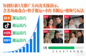 短剧拉新1月推广方向及实操演示，含名场面盘点+快手搬运+小红书搬运+视频号玩法-网赚资源网