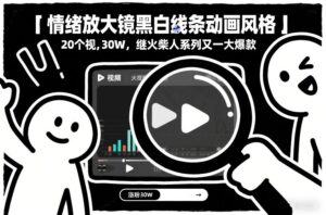 情绪放大镜黑白线条动画风格，20个视频，涨粉30W，继火柴人系列又一大爆款-网赚资源网