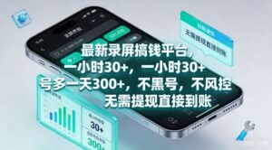 最新录屏搞钱平台，一小时30+，号多一天3张+，不风控，无需提现直接到账【揭秘】-网赚资源网