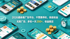 2026最新看广告平台，不需要养机，保底收益，无限广告，多机一天200+，收益稳定【揭秘】-网赚资源网