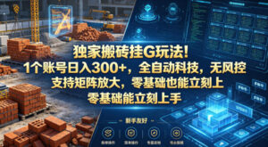 独家搬砖挂G玩法！1个账号日入300+，全自动科技，无风控支持矩阵放大，零基础也能立刻上手【揭秘】-网赚资源网