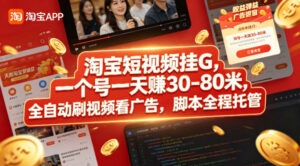 淘宝短视频挂G，一个号一天 賺30-80米，全自动刷视频看广告，脚本全程托管【揭秘】-网赚资源网