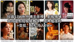 抖音53W粉丝博主亲授｜影视情绪共鸣混剪短视频教学，低门槛涨粉+变现，轻松月入1W+-网赚资源网
