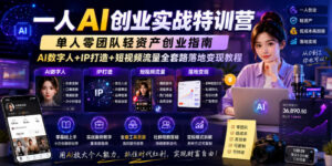 一人AI创业实战特训营，单人零团队轻资产创业指南，AI数字人+IP打造+短视频流量全套路落地变现教程-网赚资源网