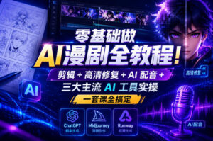 零基础做AI漫剧全教程!剪辑+高清修复+AI配音+三大主流AI工具实操,一套课全搞定-网赚资源网