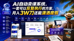 AI自动卖课系统，一套可以反复执行的方案，月入3W刀还能潇洒度假【原创双语字幕】-网赚资源网