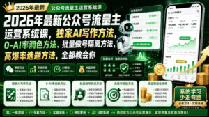 2026年最新公众号流量主运营系统课，独家AI写作方法，0-AI率润色方法、批量做号隔离方法、高爆率选题方法，全都教会你-网赚资源网