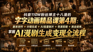 抖音110W粉丝博主十八漫的字字动画精品课第4期:剧本创作+分镜生成+剪辑+商业接单,掌握AI漫剧生成变现全流程-网赚资源网