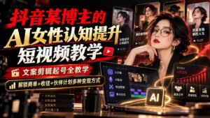 抖音某博主的Ai女性认知提升短视频教学，文案剪辑起号全教学，解锁商单+收徒+伙伴计划多种变现方式-网赚资源网
