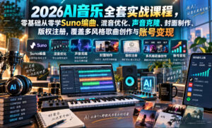 2026AI音乐实战课程,零基础从零学Suno编曲、混音优化、声音克隆、版权注册,覆盖多风格歌曲创作与账号变现(更新0921)-网赚资源网