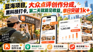 蓝海项目,大众点评创作分成,黑科技打卡,第二天就能见收益,单日突破1k+【揭秘】-网赚资源网