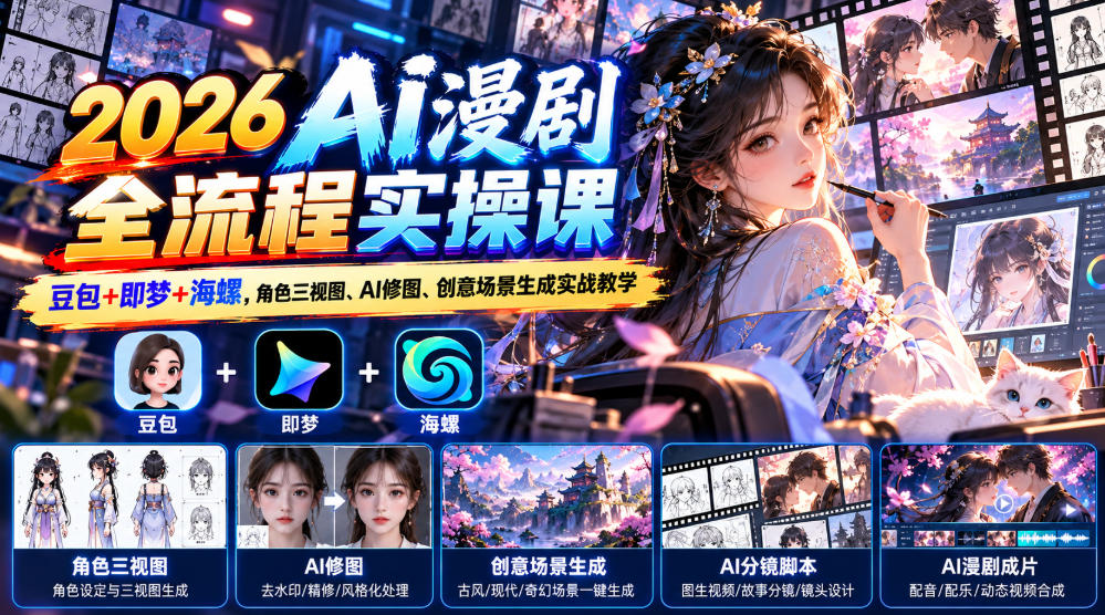 【无水印】2026 AI漫剧全流程实操课|豆包+即梦+海螺,角色三视图、AI修图、创意场景生成实战教学