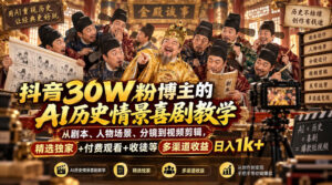 抖音30W粉博主的AI历史情景喜剧教学,从剧本、人物场景、分镜到视频剪辑,精选独家+付费观看+收徒等多渠道收益日入1k+-网赚资源网
