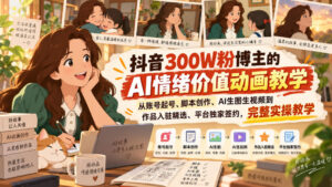 抖音300W粉博主的AI情绪价值动画教学，从账号起号、脚本创作、AI生图生视频到作品入驻精选、平台独家签约，完整实操-网赚资源网