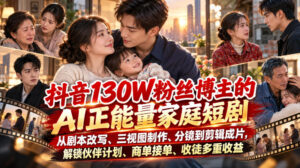 抖音130W粉丝博主的AI正能量家庭短剧，从剧本改写、三视图制作、分镜到剪辑成片，解锁伙伴计划、商单接单、收徒多重收益-网赚资源网