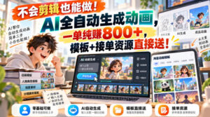 不会剪辑也能做!AI全自动生成动画,一单纯賺800+,模板+接单资源直接送!【揭秘】-网赚资源网