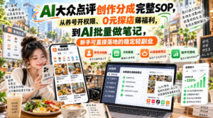 【无水印】AI大众点评创作分成完整SOP，从养号开权限、0元探店薅福利，到AI批量做笔记，新手可直接落地的稳定轻副业-网赚资源网