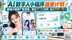 【无水印】AI数字人小程序掘金计划，微信小程序广告变现，每天30‑60分钟，日入100‑1k+-网赚资源网