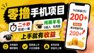 零撸手机项目，二十秒完成一单，纯薅羊毛，上手就有收益，勤快点单日收益可达200+【揭秘】-网赚资源网